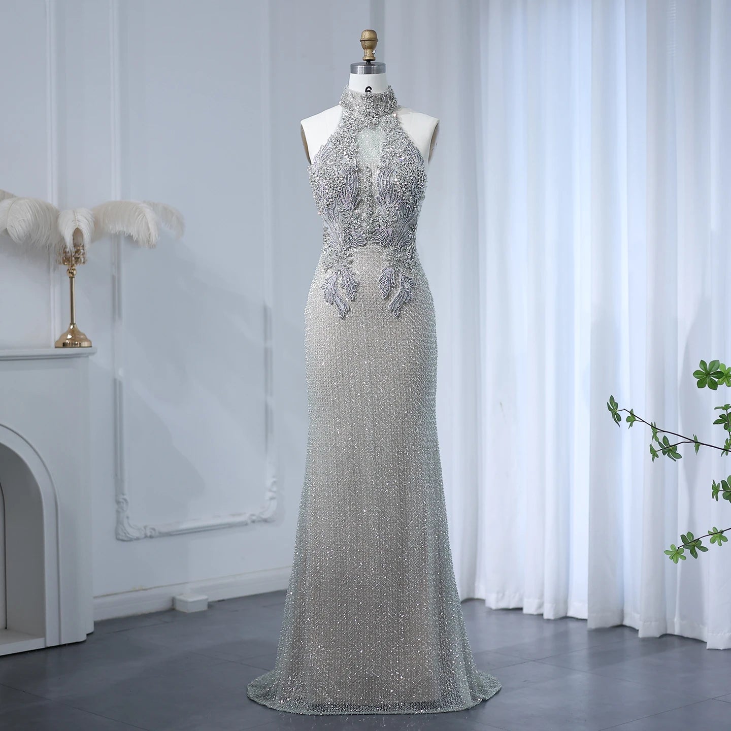 Halter Silver Nude Beaded Luxury Evening Dress