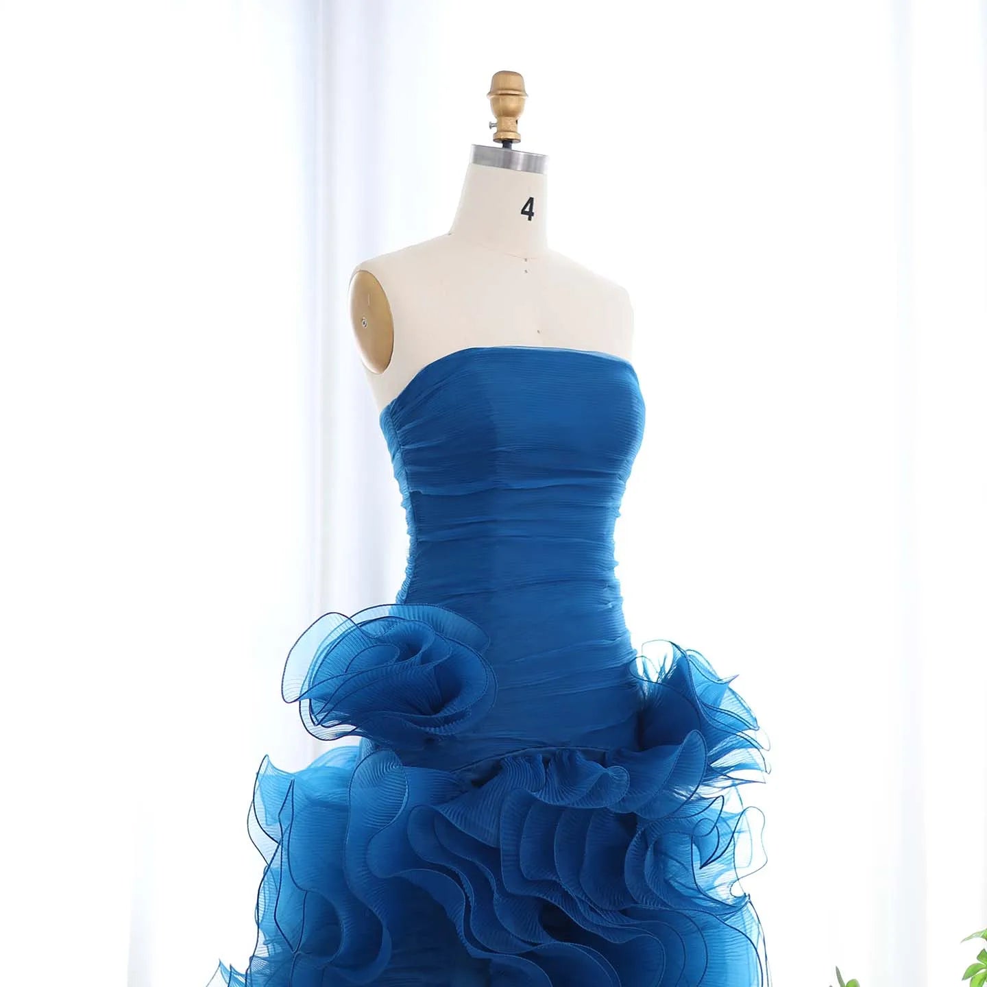 Blue Strapless Princess Evening Dress with Ruffles