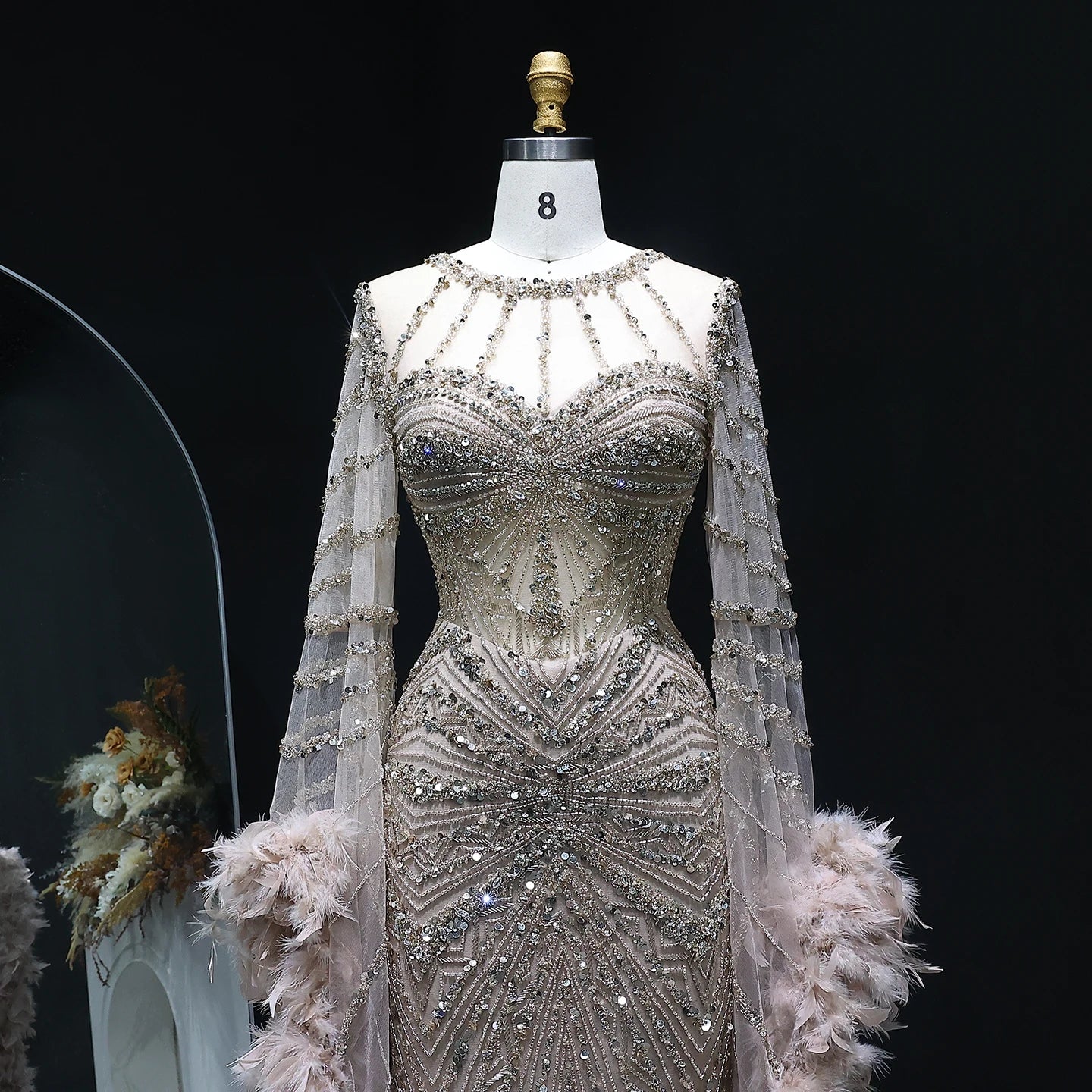Luxury Caramel Beaded Mermaid Evening Dress with Feather Cape Sleeves