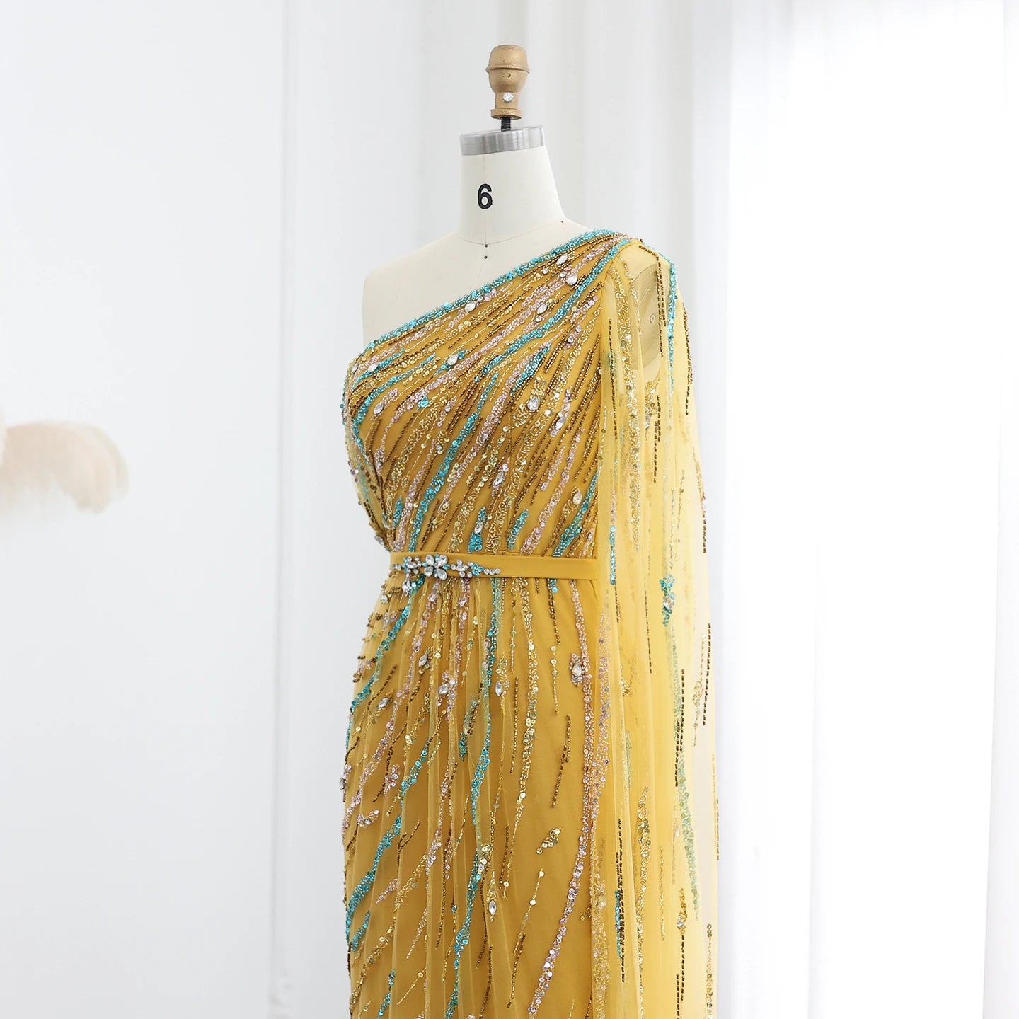 Luxury Gold Yellow Evening Dress with Cape One Shoulder