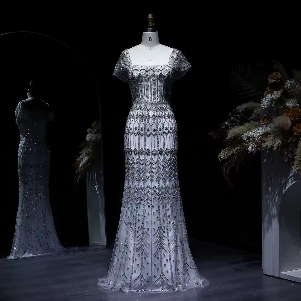 Crystal Glow” Gown – Off-shoulder embellished evening dress, available in two sleeve styles