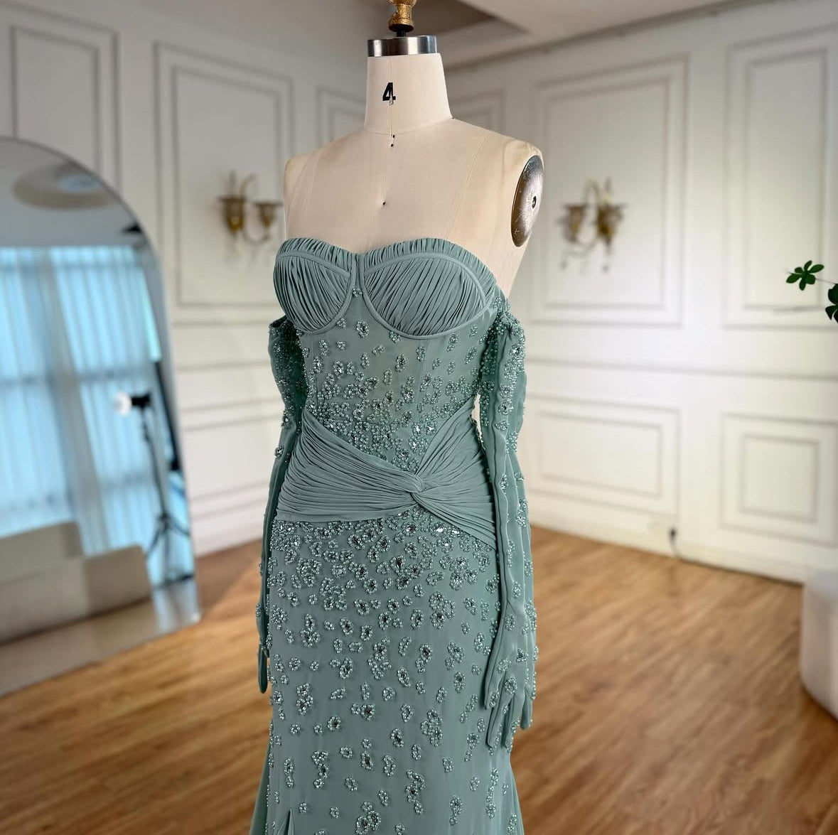 Sage Green Embellished Gown with Coordinated Gloves