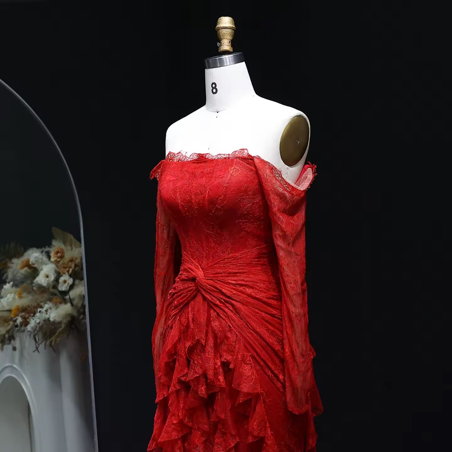Lace Off Shoulder Evening Dress with Long Sleeves