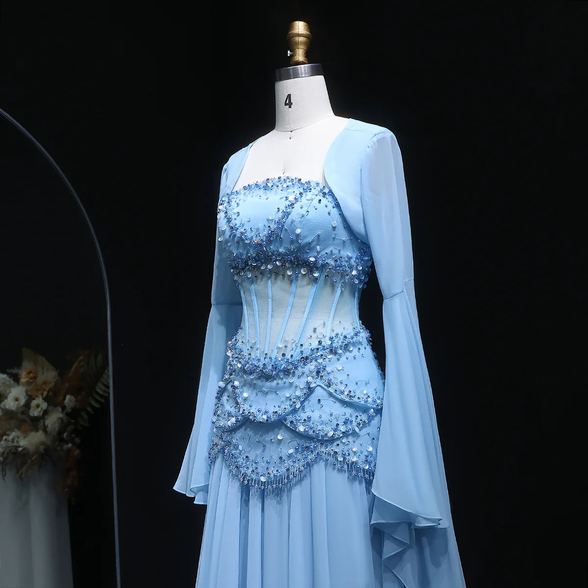 Sky Blue Layered Corset Dress with Pearls and Beads