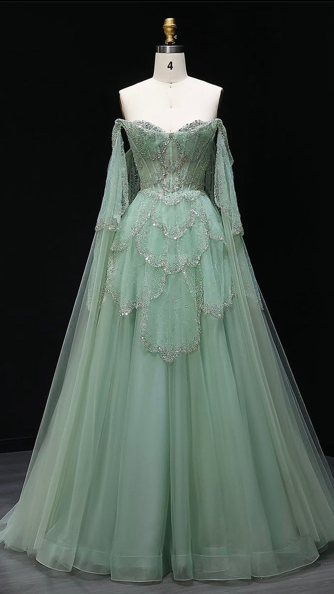 Luxury Sage Green Off-Shoulder Evening Gown with Cape Sleeves