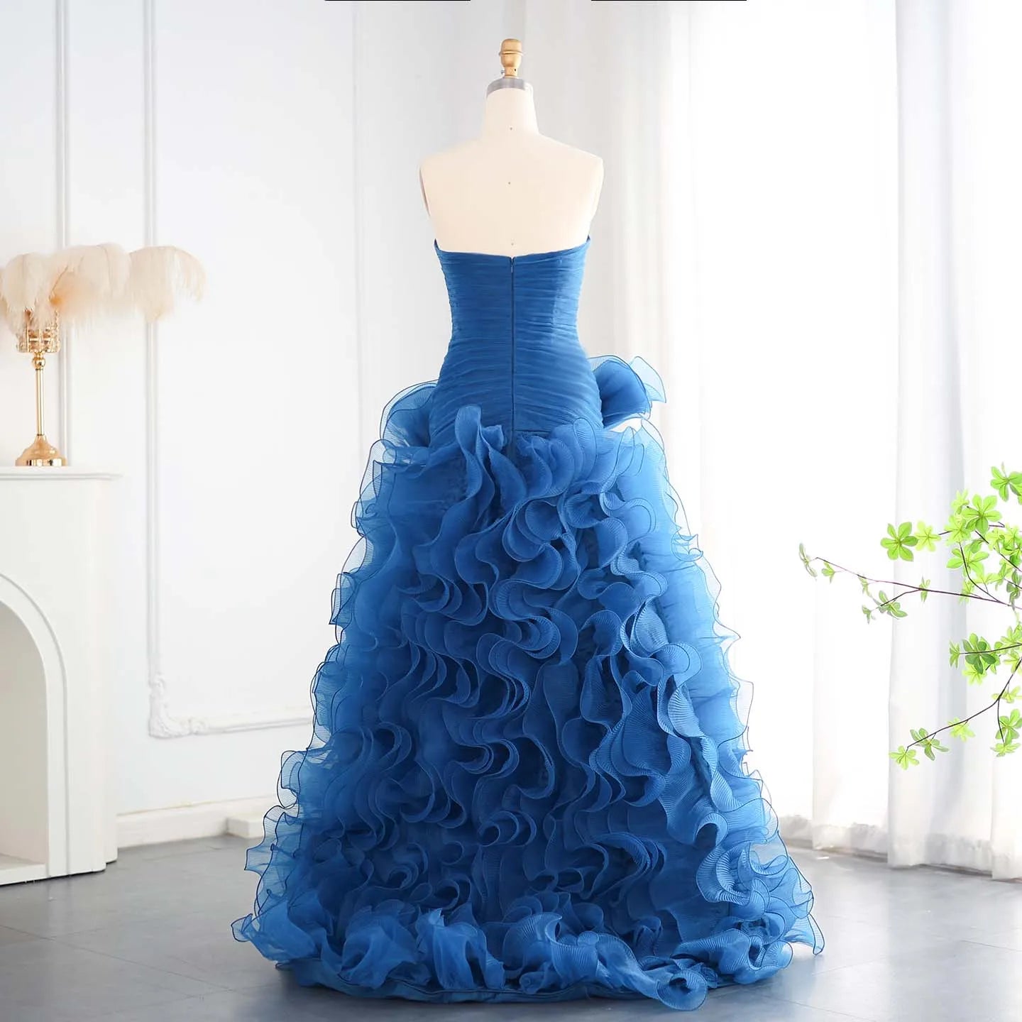 Blue Strapless Princess Evening Dress with Ruffles