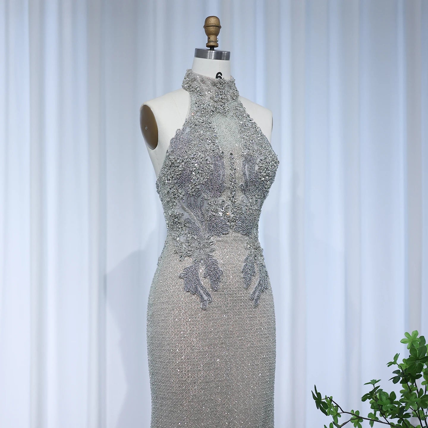Halter Silver Nude Beaded Luxury Evening Dress