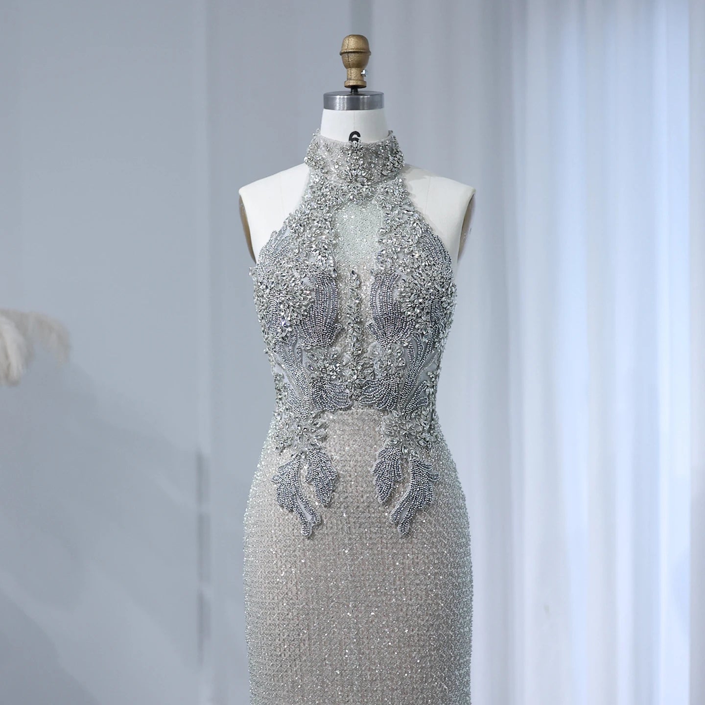 Halter Silver Nude Beaded Luxury Evening Dress
