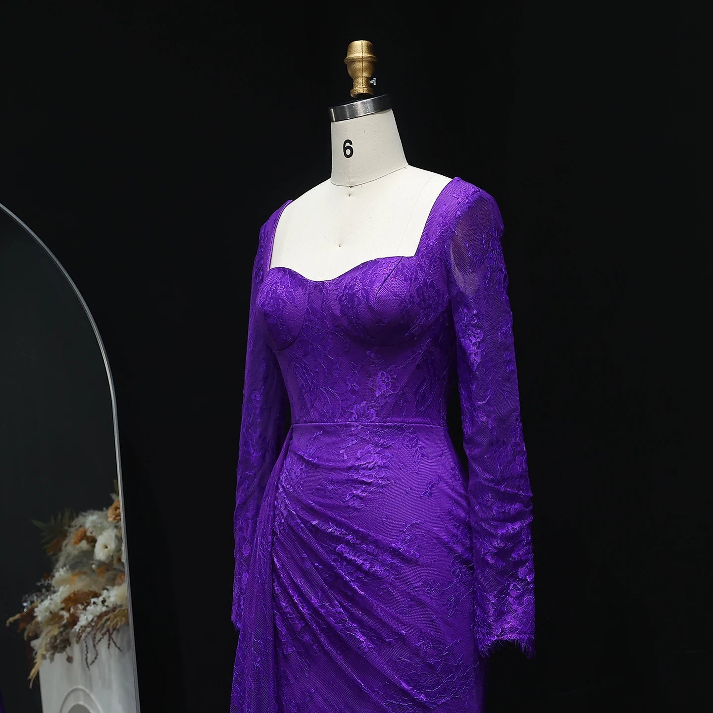 Purple Lace Pleated with Long Sleeves Side Slit