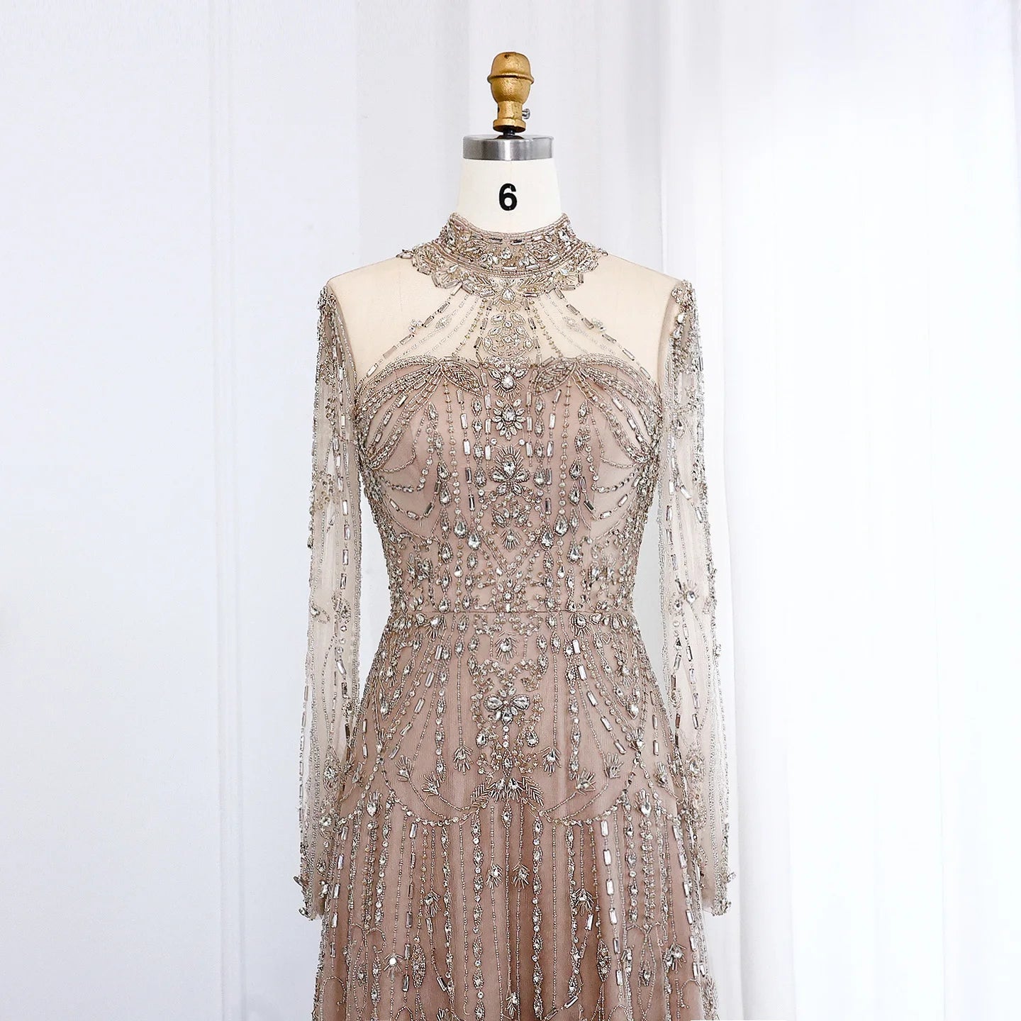 Blue Long Sleeves High Neck Luxury Evening Dress