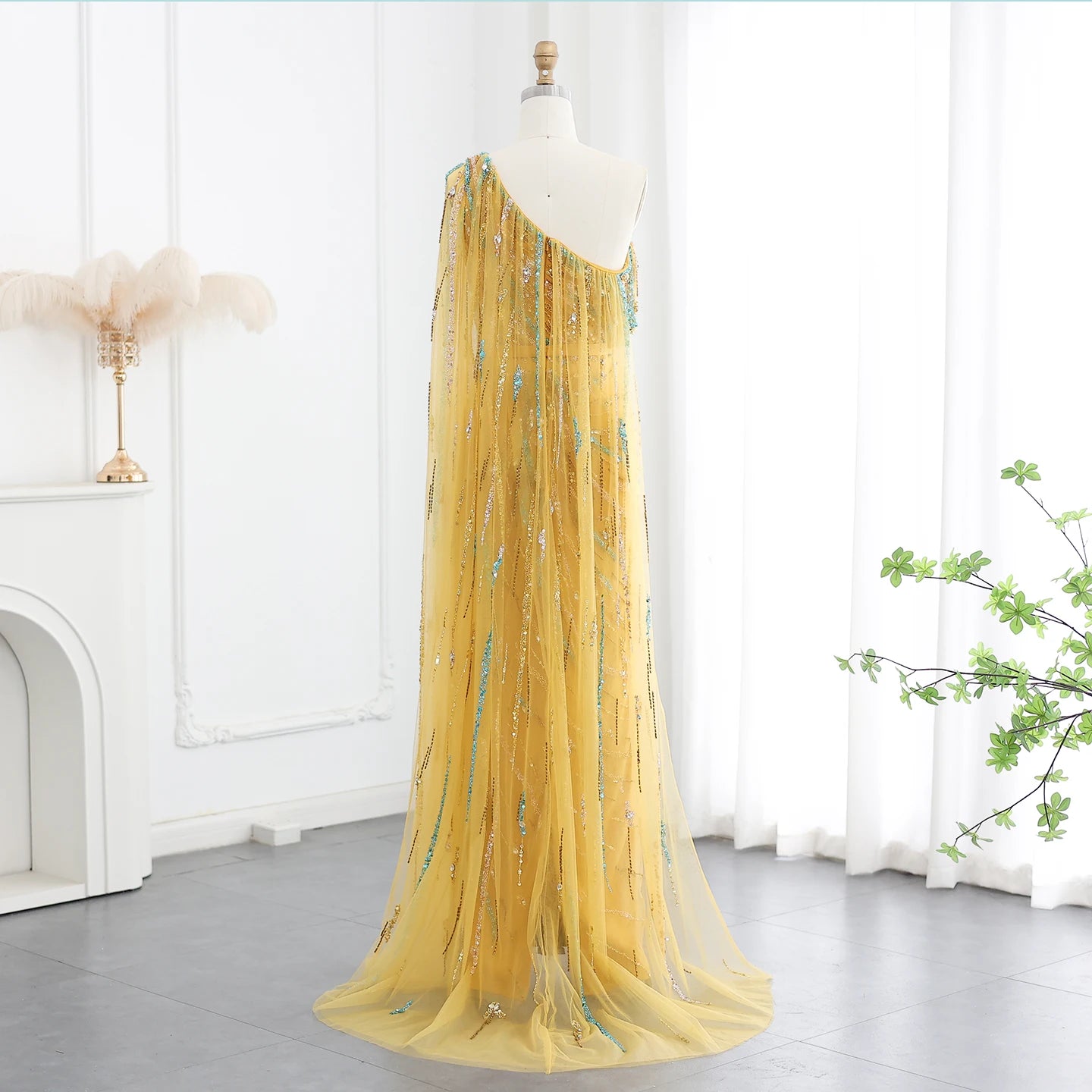 Luxury Gold Yellow Evening Dress with Cape One Shoulder