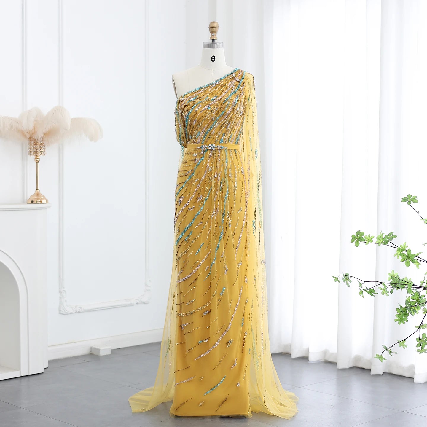 Luxury Gold Yellow Evening Dress with Cape One Shoulder