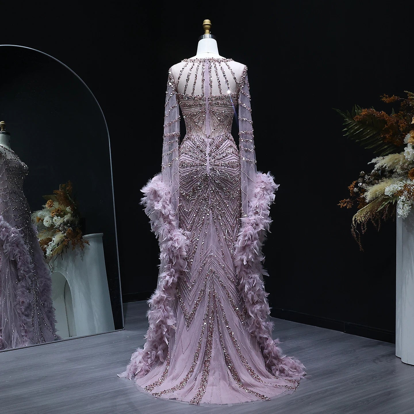 Luxury Caramel Beaded Mermaid Evening Dress with Feather Cape Sleeves