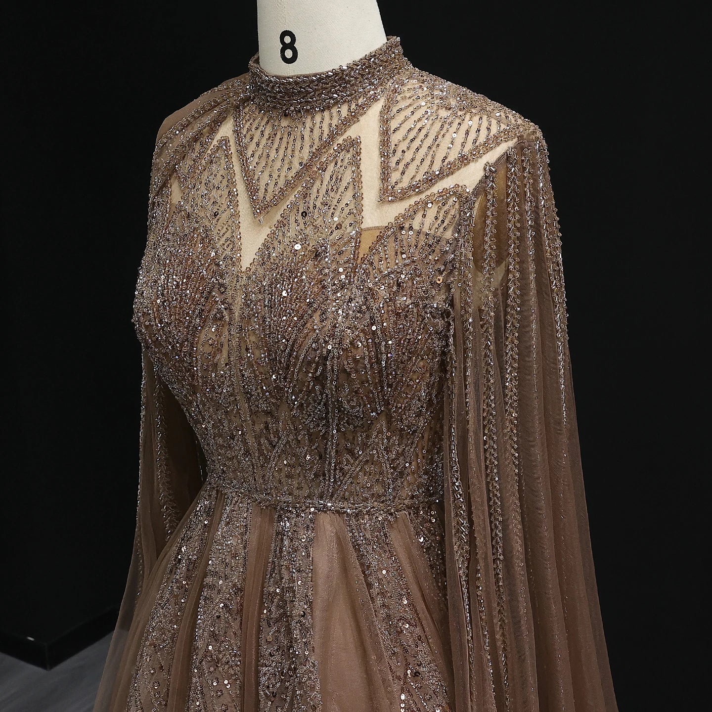 Luxury Evening Dress with Cape Sleeves Brown