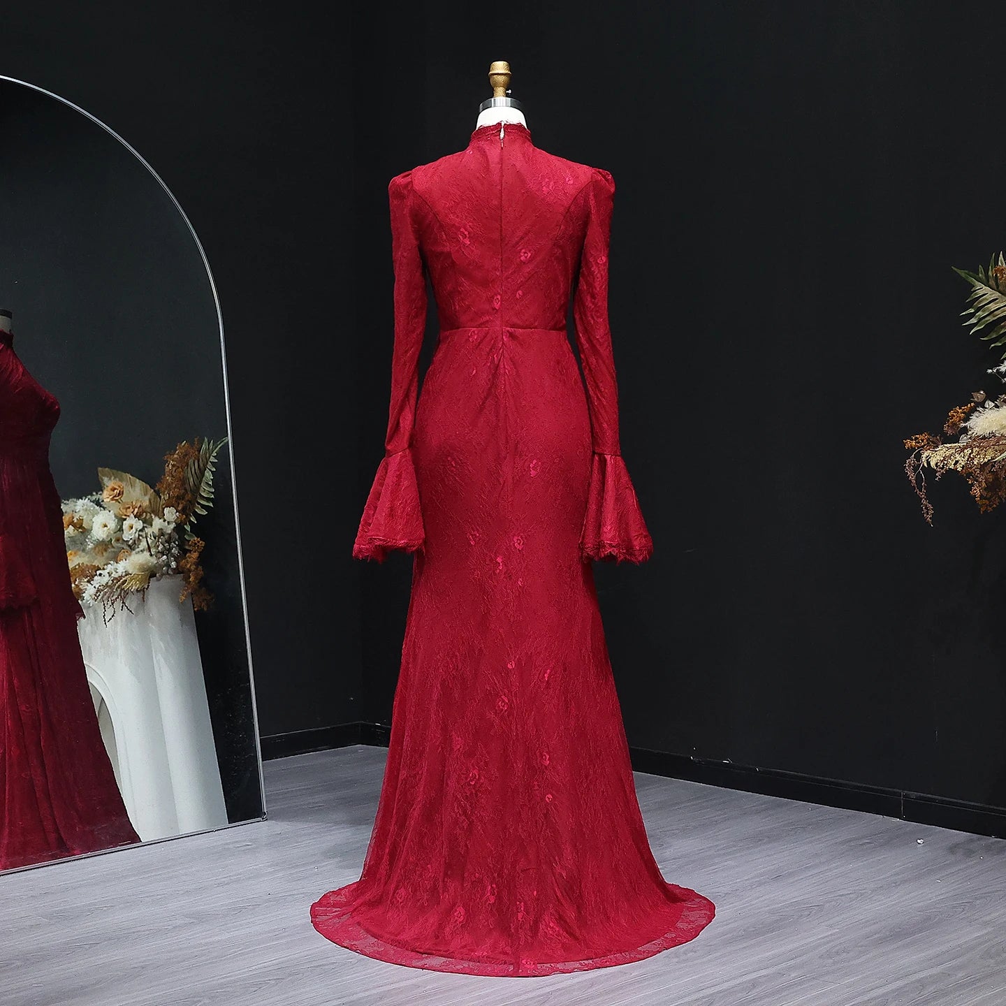 Burgundy High Neck Evening Dress with Lace Long Flare Sleeves