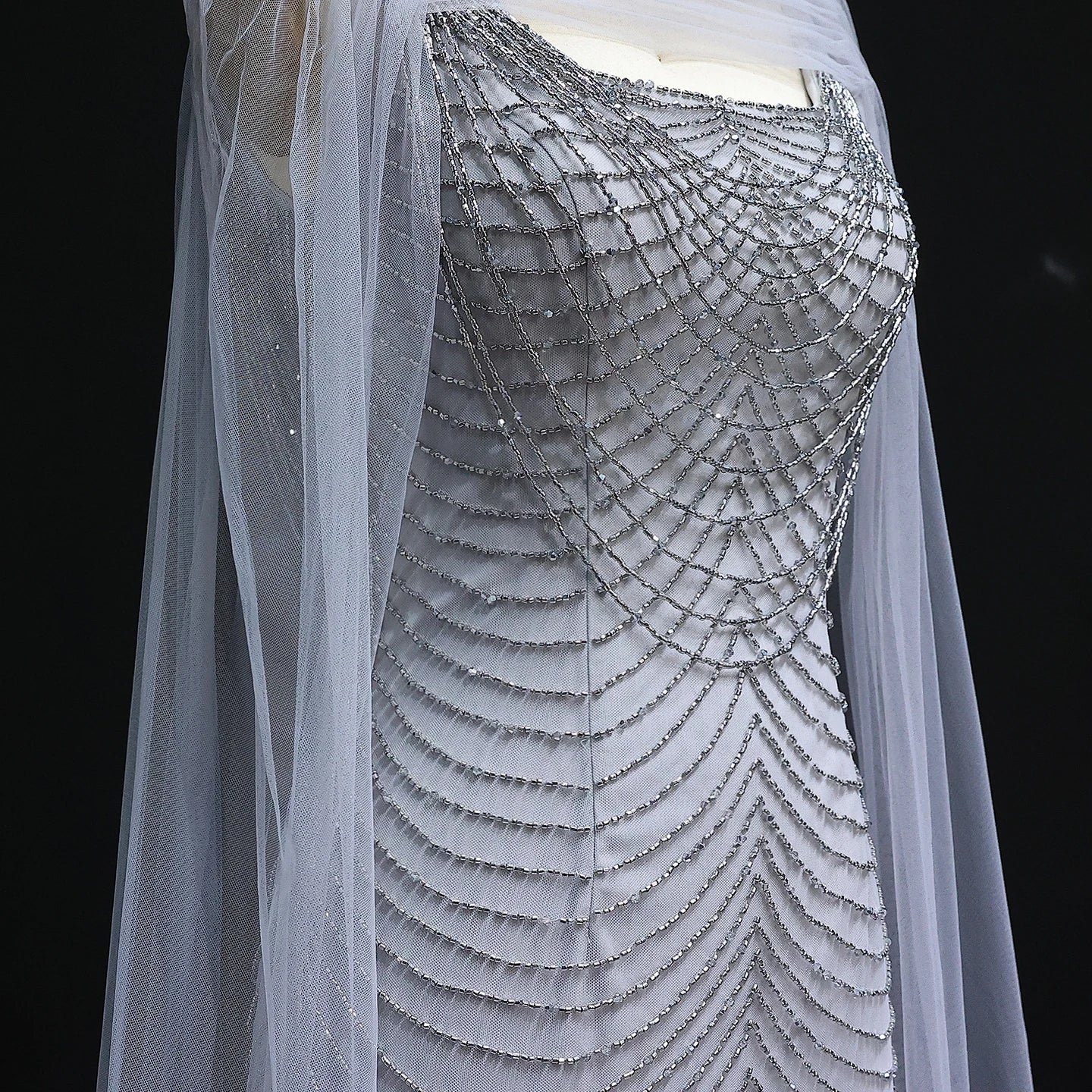 Luxury Beading Purple Evening Dress with Cape Sleeves