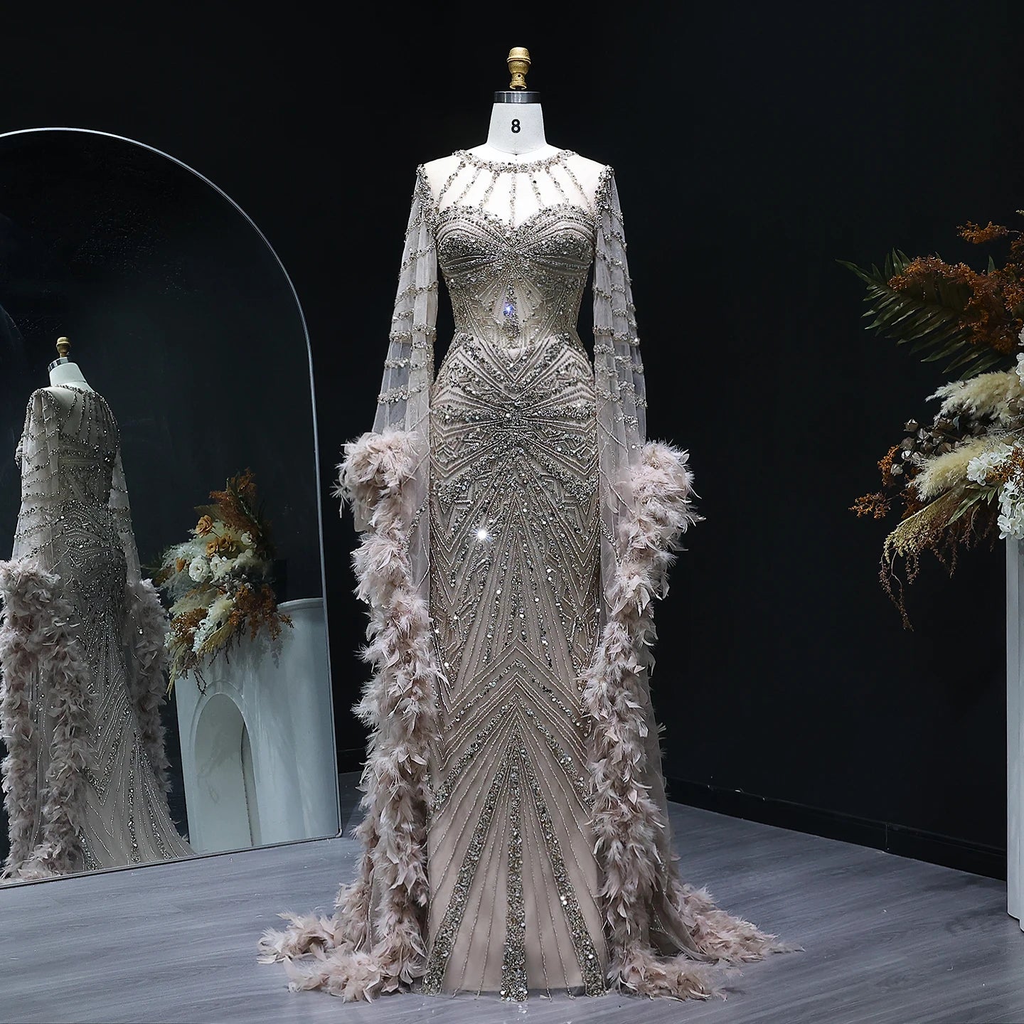 Luxury Caramel Beaded Mermaid Evening Dress with Feather Cape Sleeves