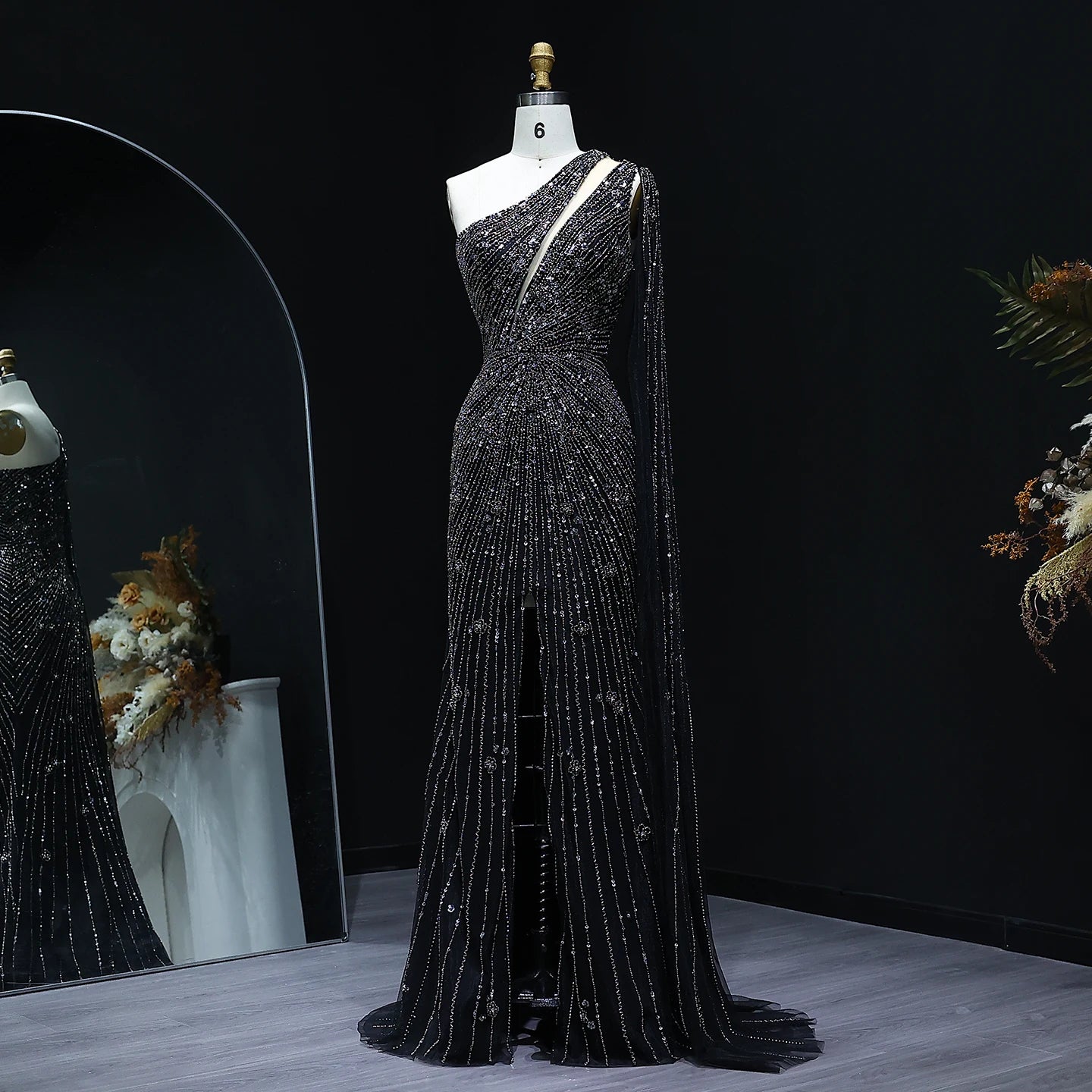 Radiant One-Shoulder Beaded Evening Gown – Elegant Slit Formal Dress