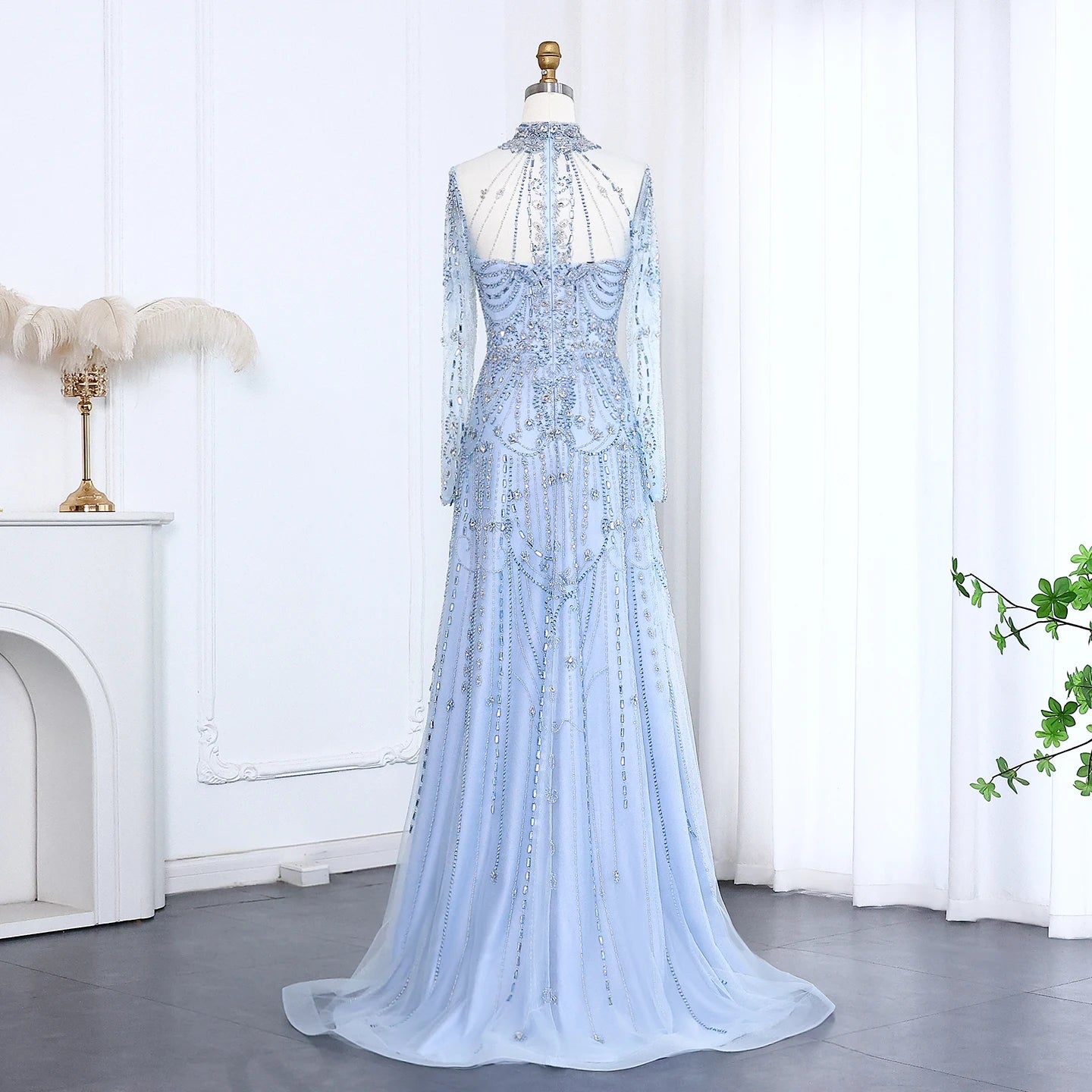 Blue Long Sleeves High Neck Luxury Evening Dress
