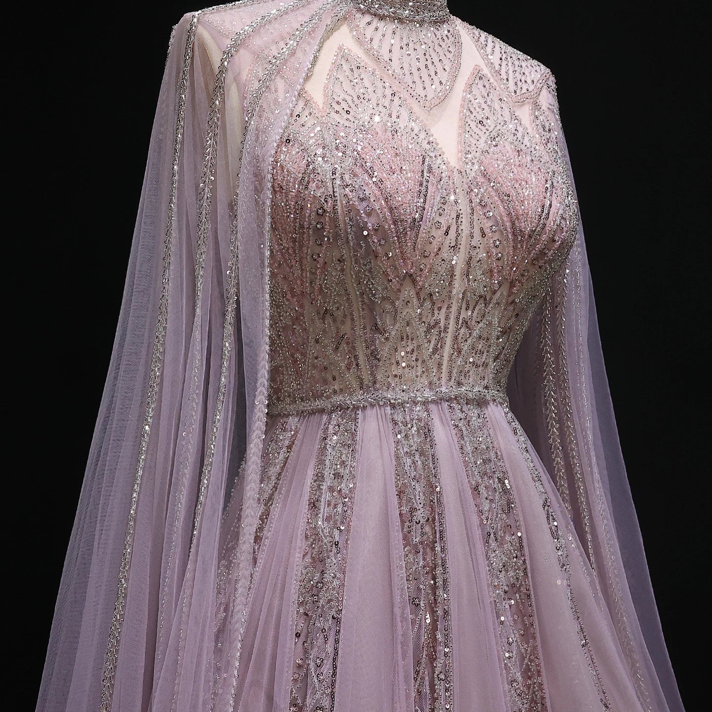Luxury Evening Dress with Cape Sleeves Brown