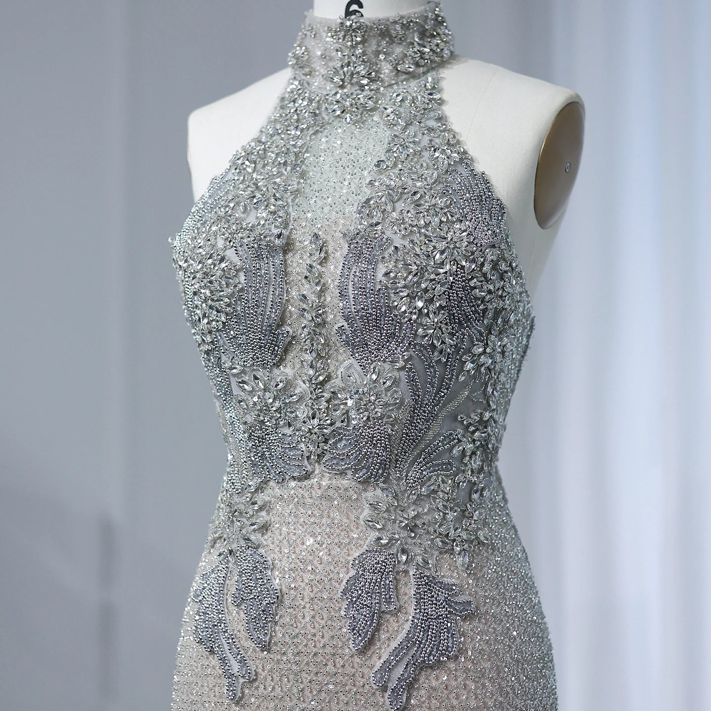 Halter Silver Nude Beaded Luxury Evening Dress