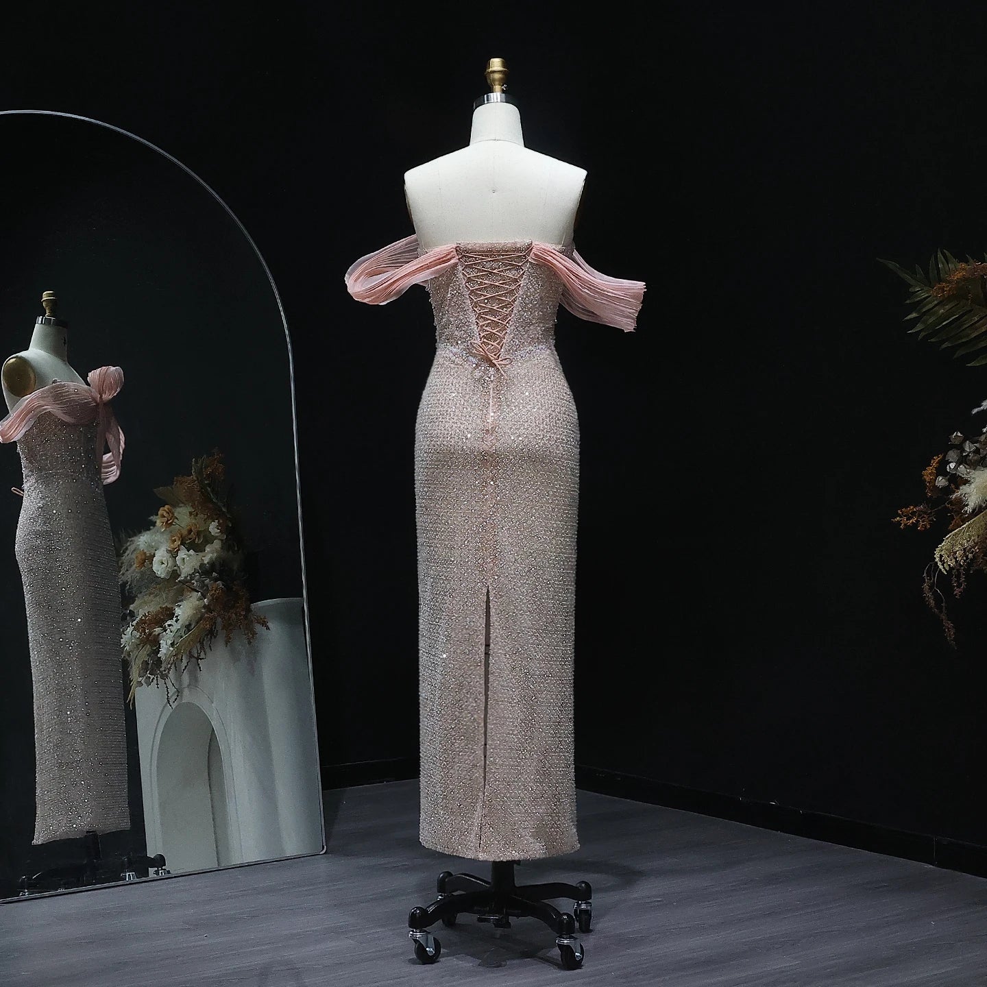 Luxury Off Shoulder Blush Pink Chic Evening Dress