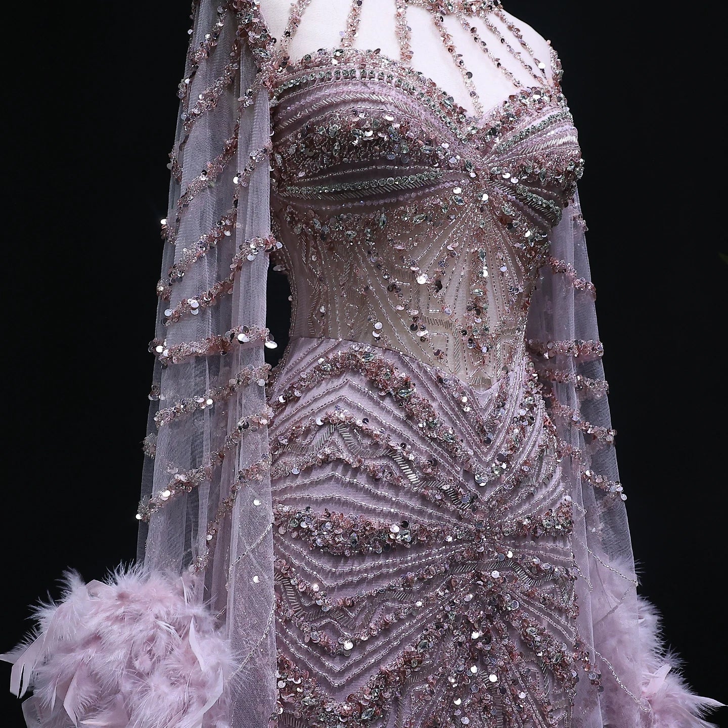 Luxury Caramel Beaded Mermaid Evening Dress with Feather Cape Sleeves