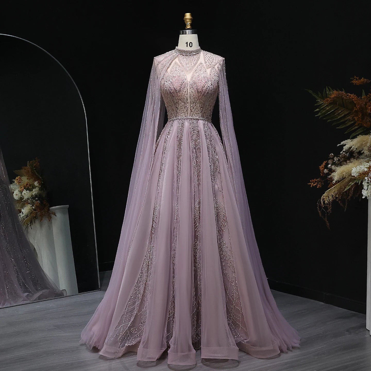 Luxury Evening Dress with Cape Sleeves Brown