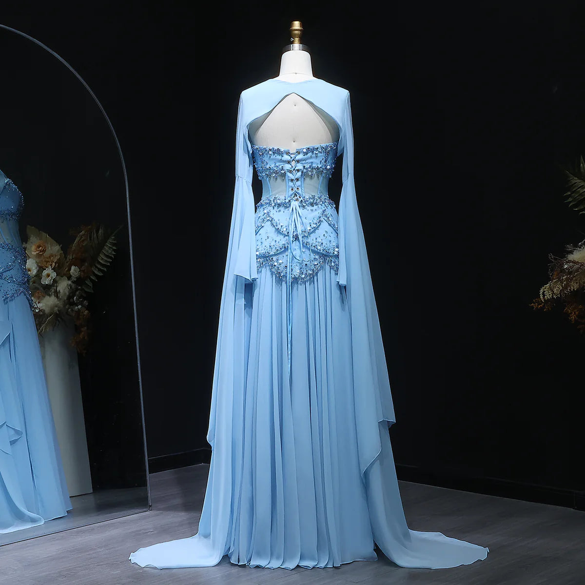 Sky Blue Layered Corset Dress with Pearls and Beads