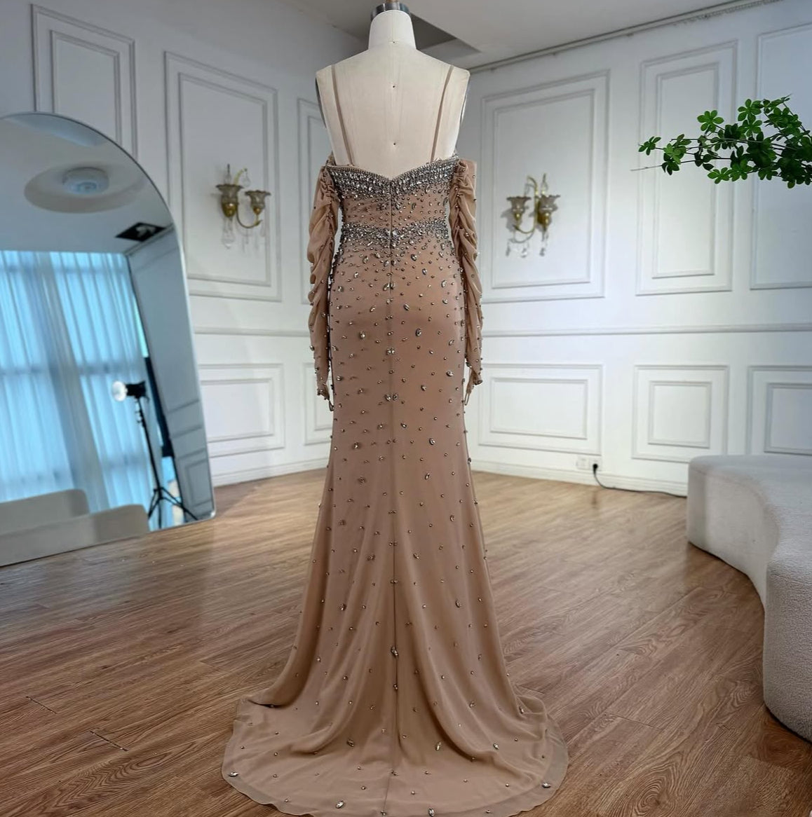 Beige Fully Embellished Evening Gown with Matching Gloves