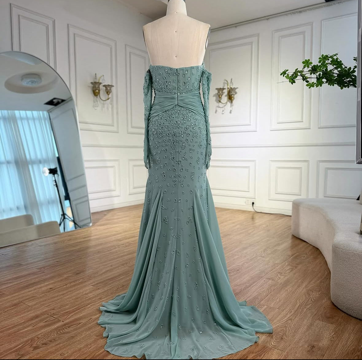 Sage Green Embellished Gown with Coordinated Gloves