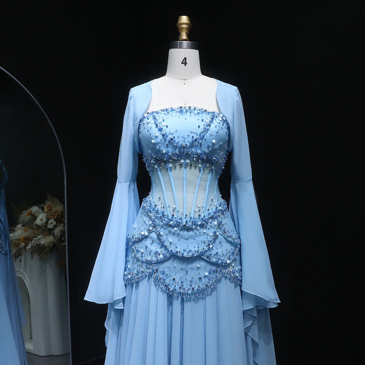 Sky Blue Layered Corset Dress with Pearls and Beads