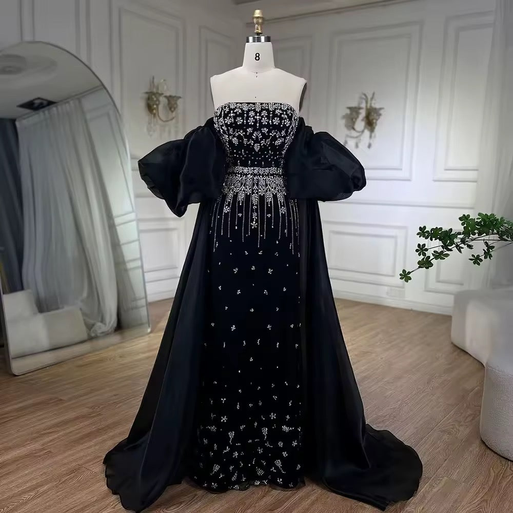 Black Puff Sleeves Evening Dress Gowns Beaded