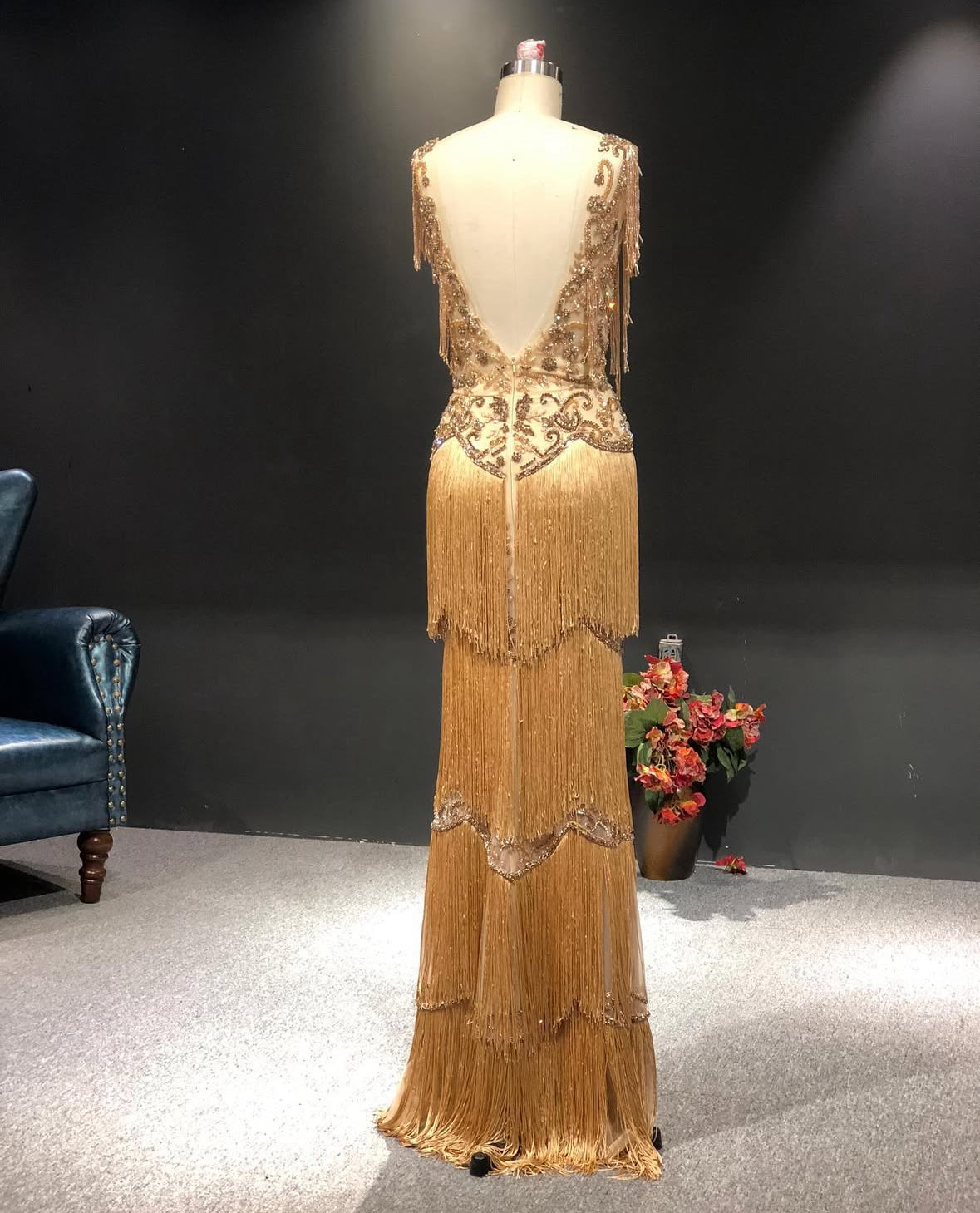 Hand-Embroidered Champagne Gold Fringe Couture Gown