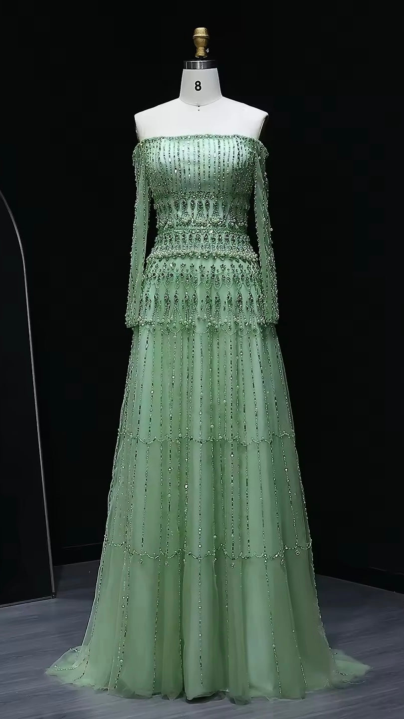 Luxury Beaded Sage Green A-Line Off Shoulder Evening Dress