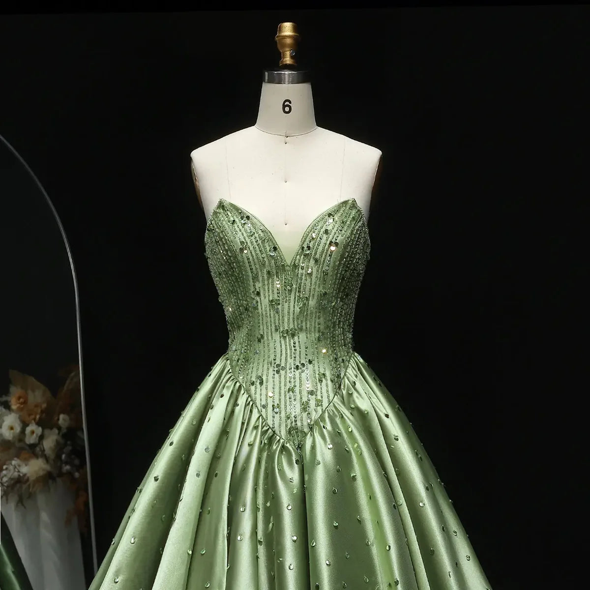 Pistachio "Princess" Gown with Beaded Corset and Dropped V-Waist