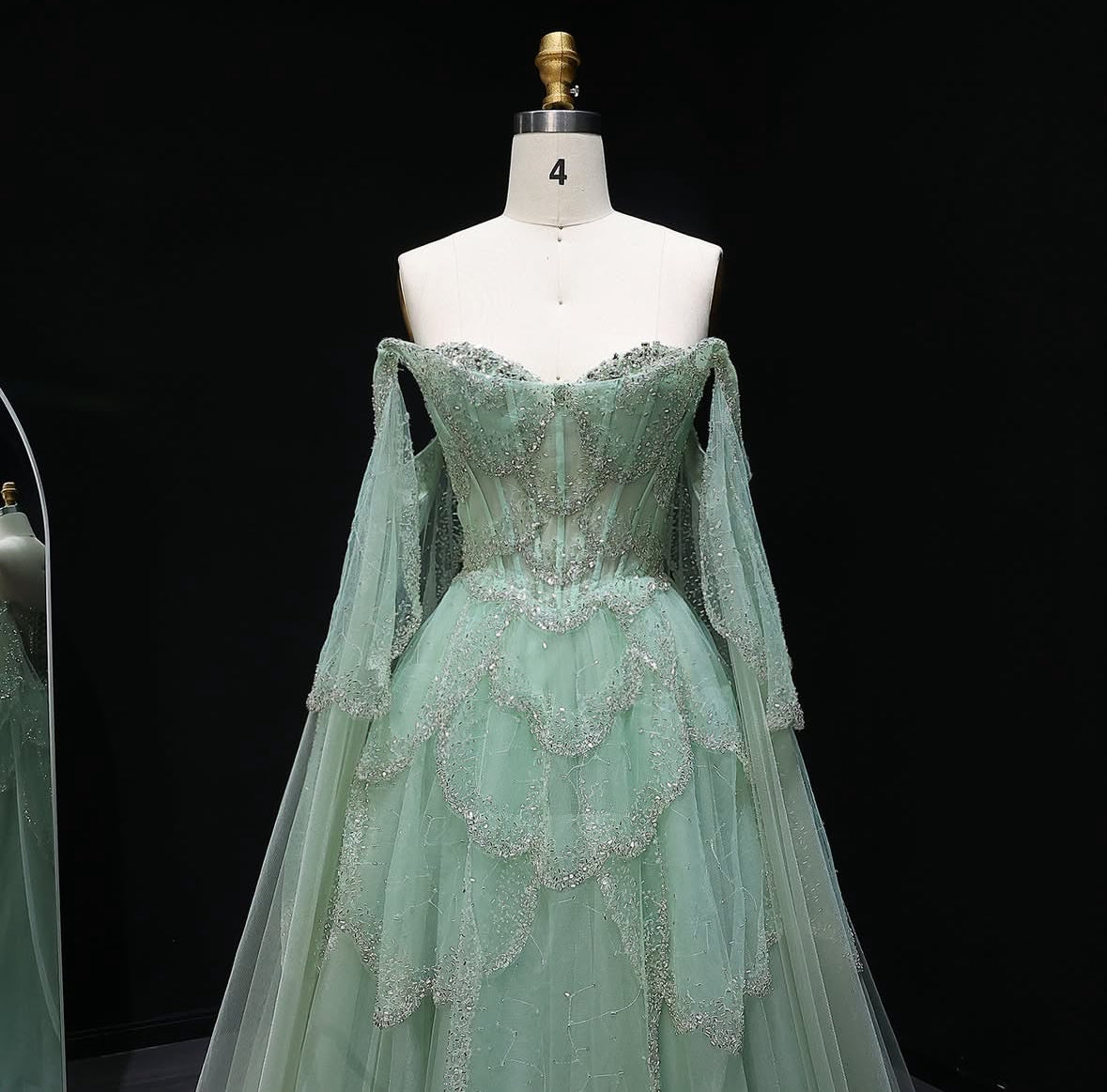 Luxury Sage Green Off-Shoulder Evening Gown with Cape Sleeves