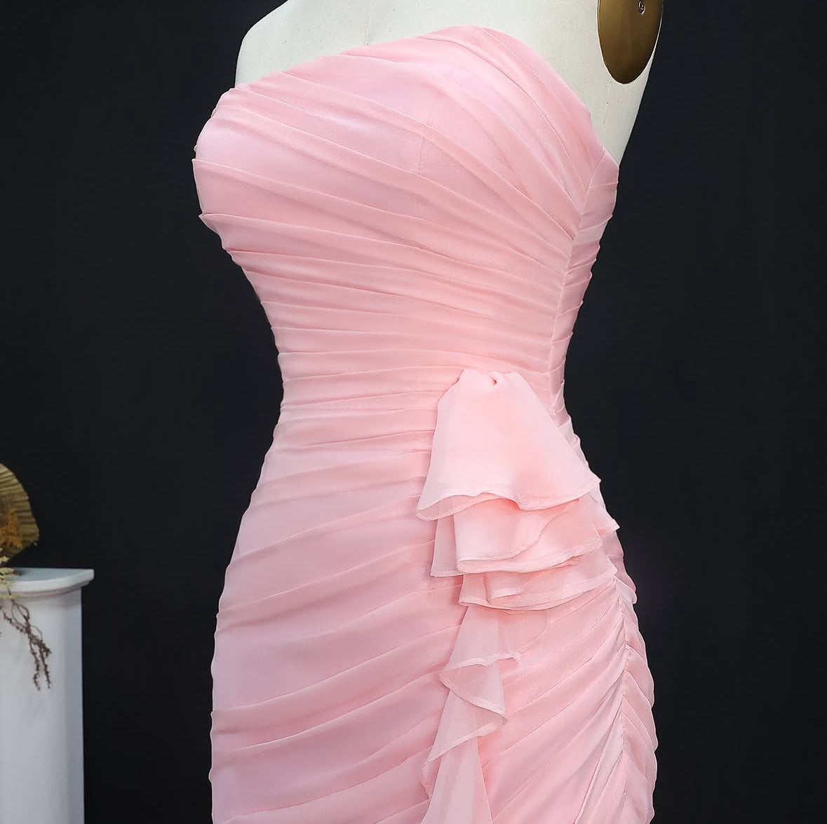 “Rosette Bloom” Strapless Ruffled Gown with Draped Bodice and Cascading Layers
