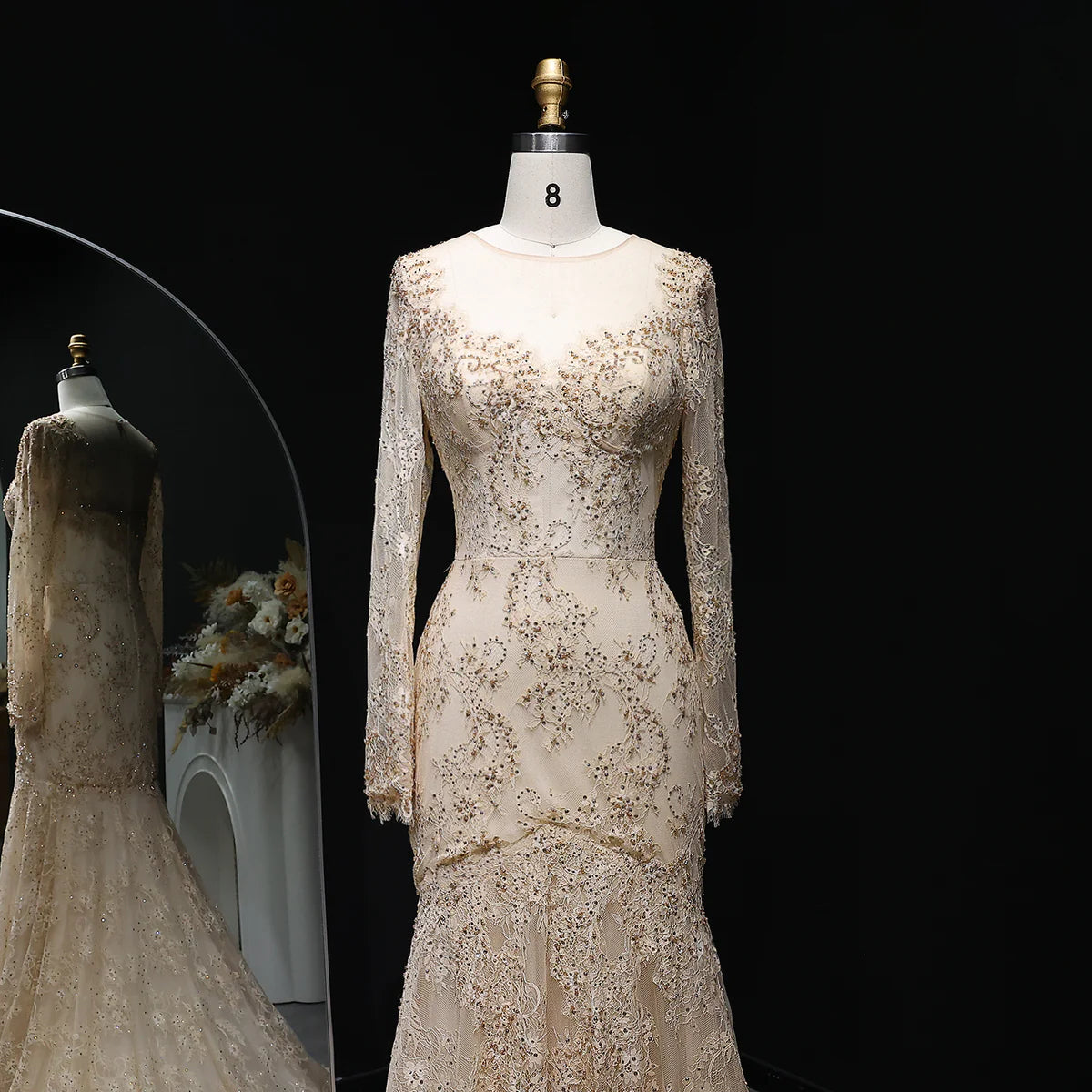 “Lace Elegance” Gown – Beaded Gold Embroidery in Mermaid Silhouette