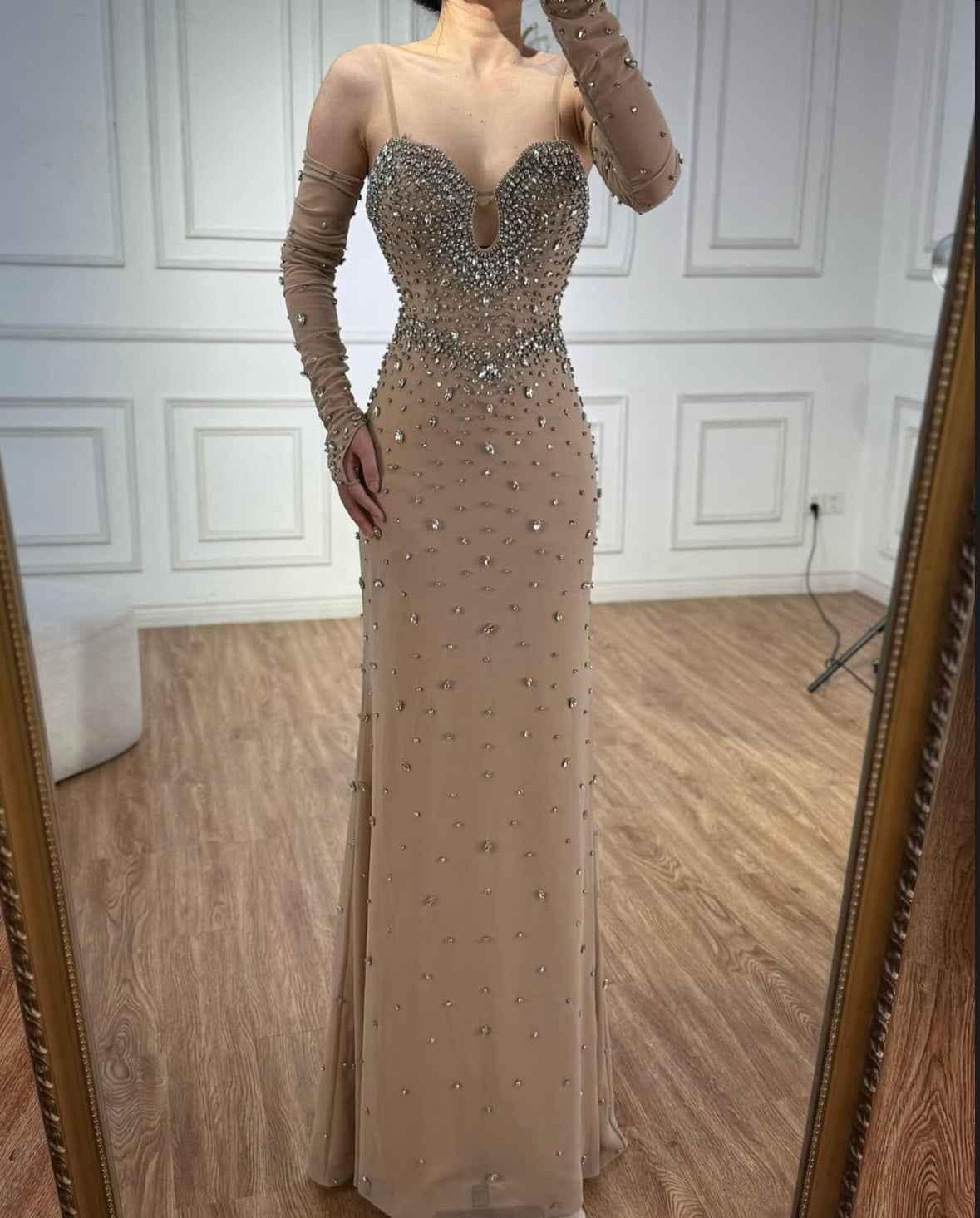 Beige Fully Embellished Evening Gown with Matching Gloves