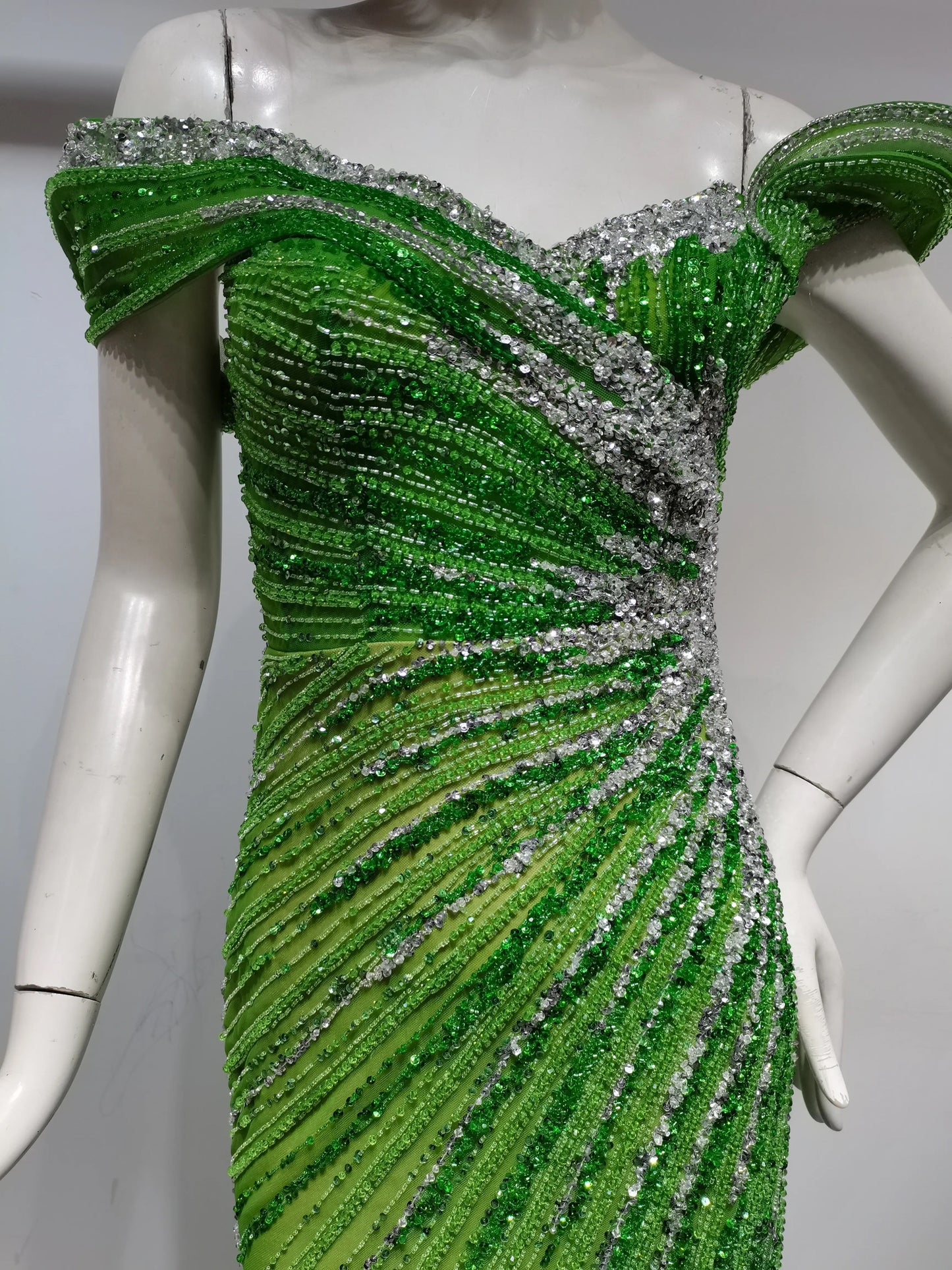Emerald Enchantment Off-Shoulder Beaded Evening Gown