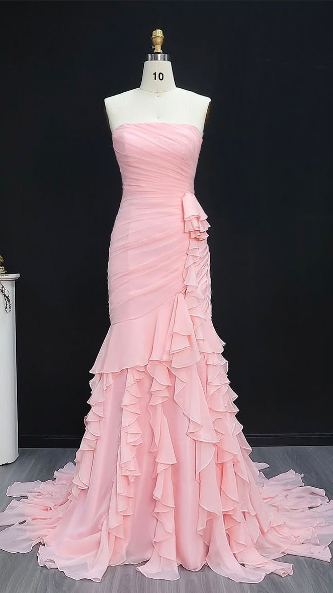 “Rosette Bloom” Strapless Ruffled Gown with Draped Bodice and Cascading Layers