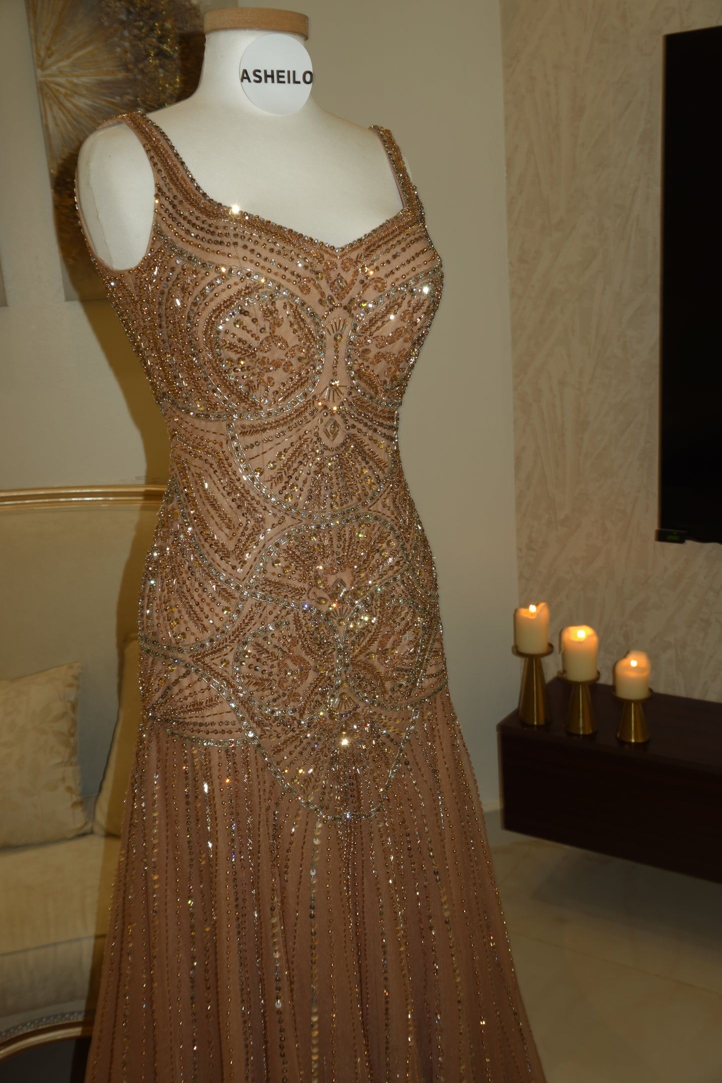 Hand-Embroidered Champagne Couture Gown