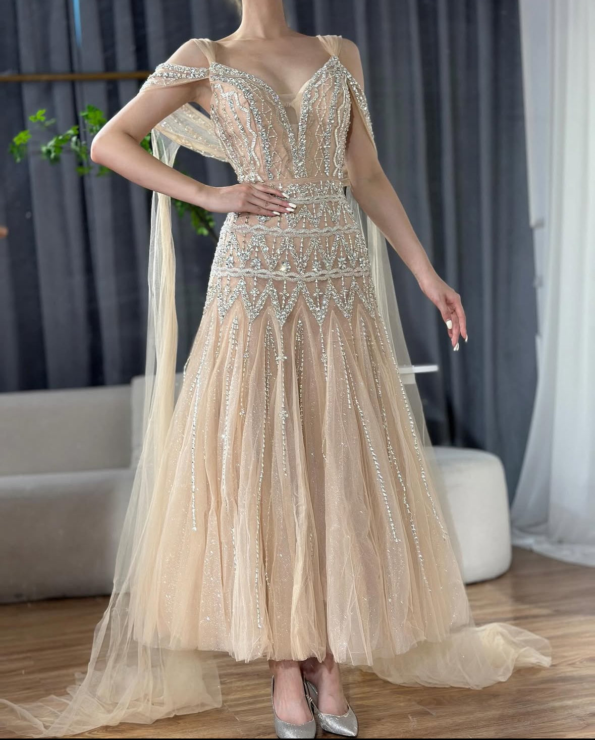 Nude chiffon midi dress