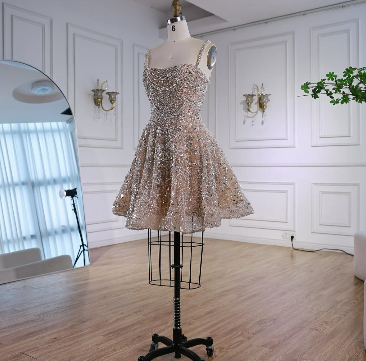 Luxury Nude Crystal A-Line Short Sparkly Cocktail Party Dress
