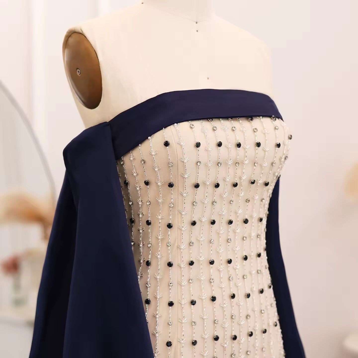 Navy Blue White Strapless Luxury Evening Dress with Cape Midi