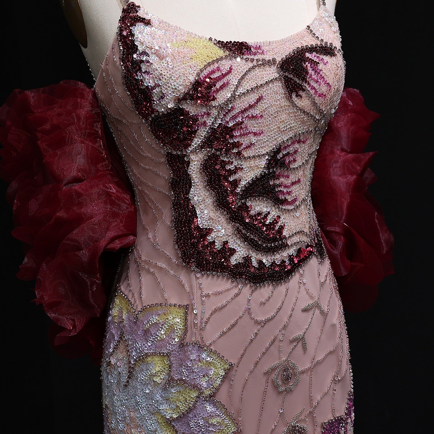 Pink Beaded Gown with Floral Embroidery and Burgundy Shoulder Shawl