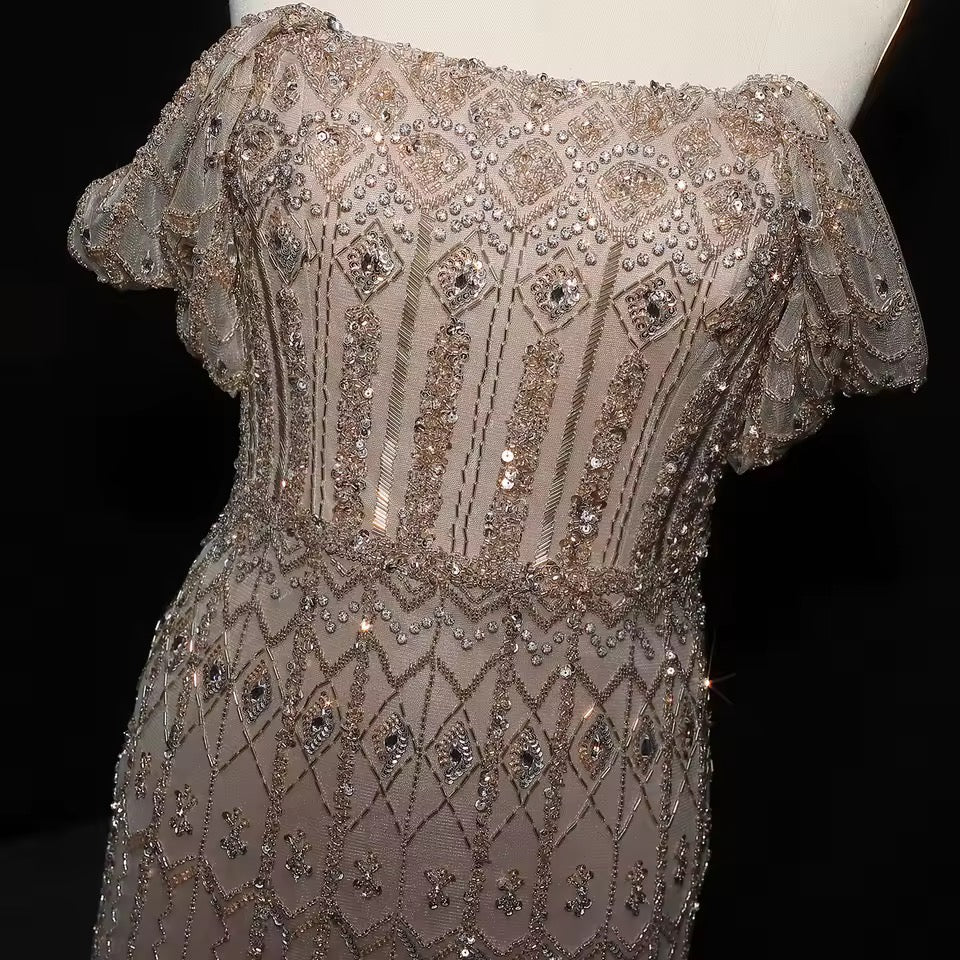 Crystal Glow” Gown – Off-shoulder embellished evening dress, available in two sleeve styles