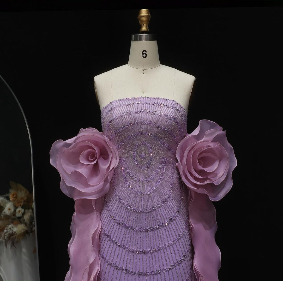 Strapless purple evening gown with 3D floral ruffles