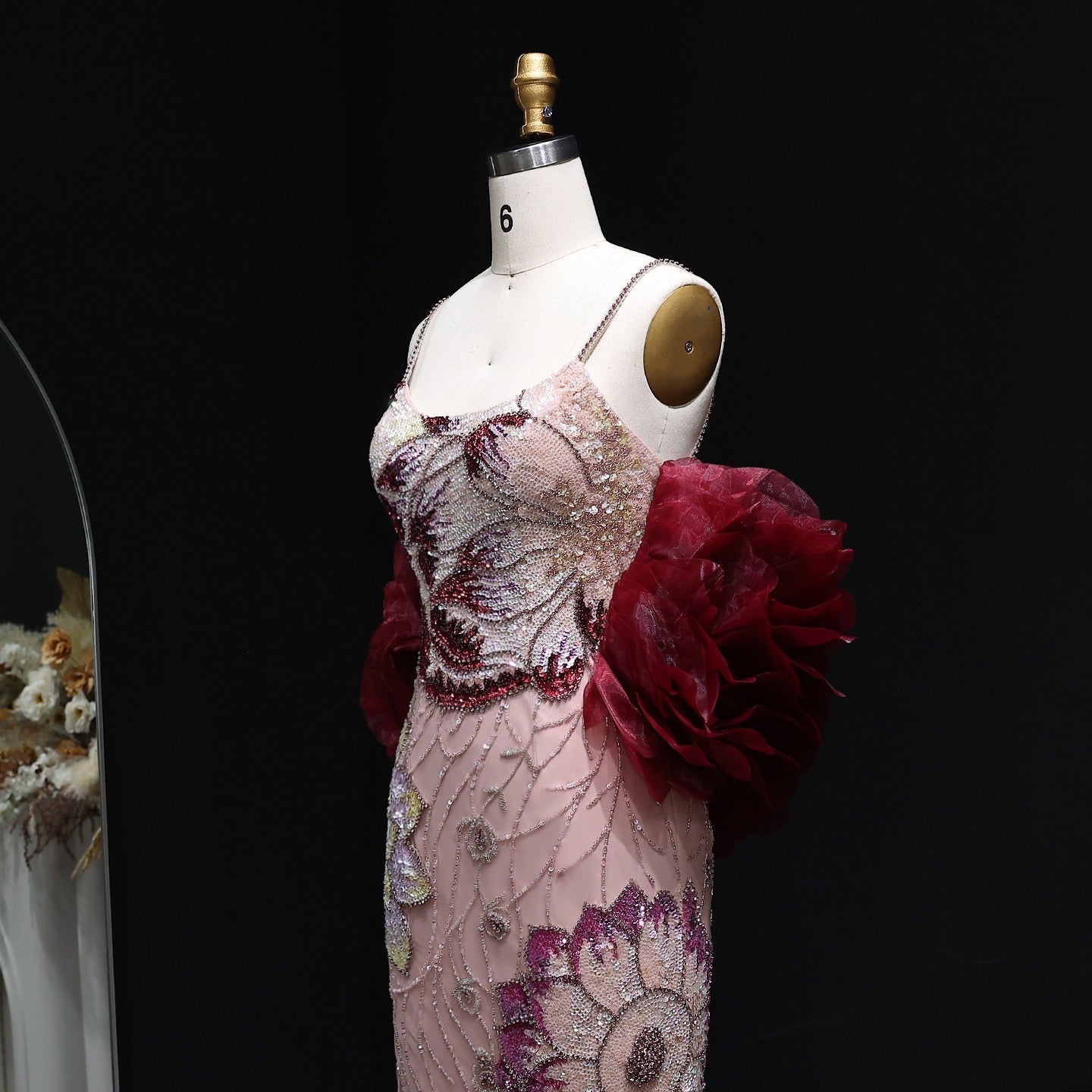 Pink Beaded Gown with Floral Embroidery and Burgundy Shoulder Shawl